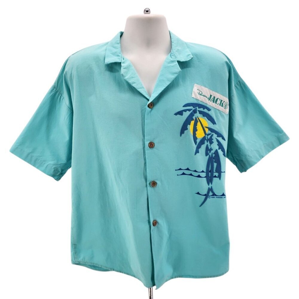 Vintage Original Panama Jack Puffy Print Palm Tree Blue Hawaiian Shirt Large